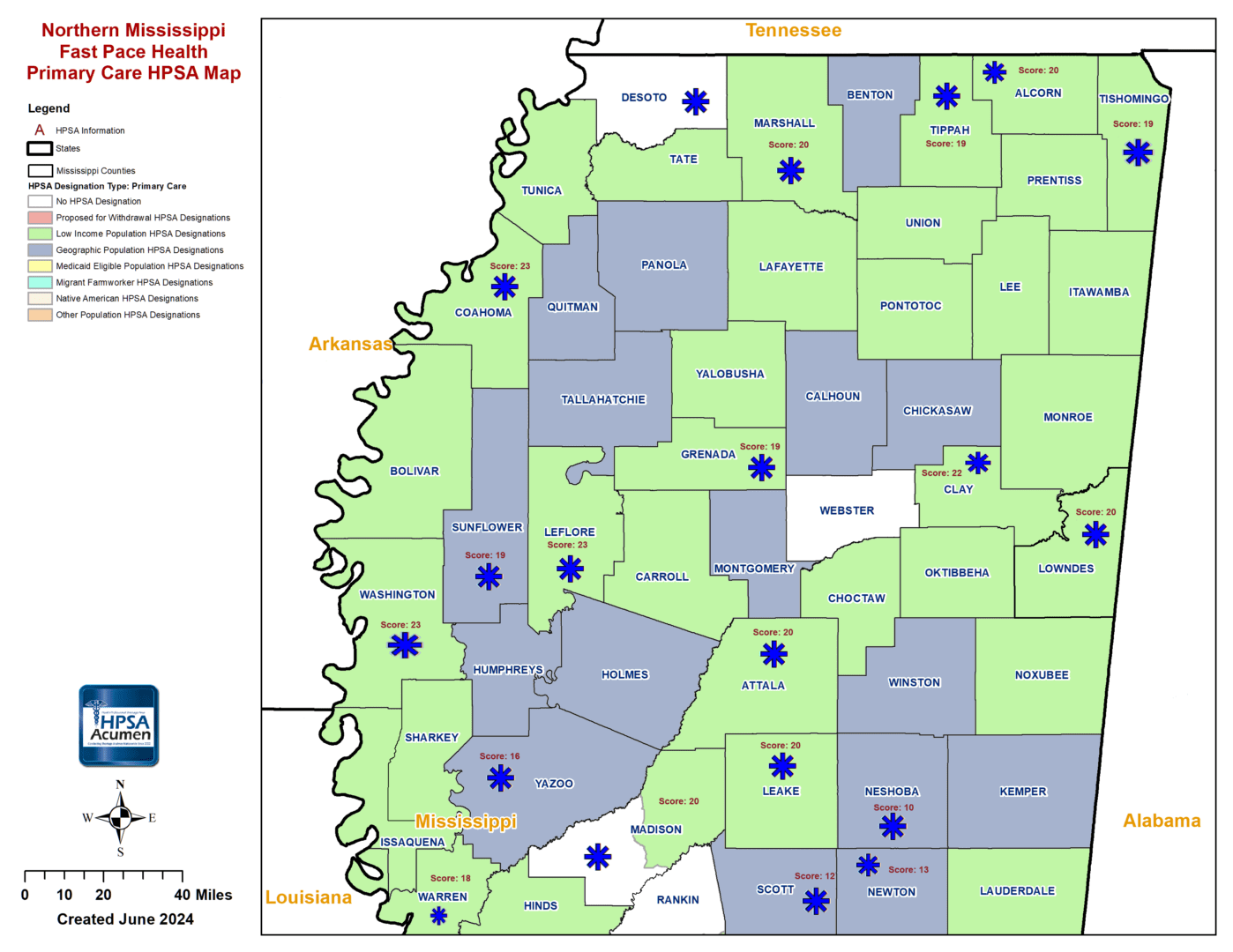 MS - Fast Pace Health Northern Mississippi PC HPSA Map