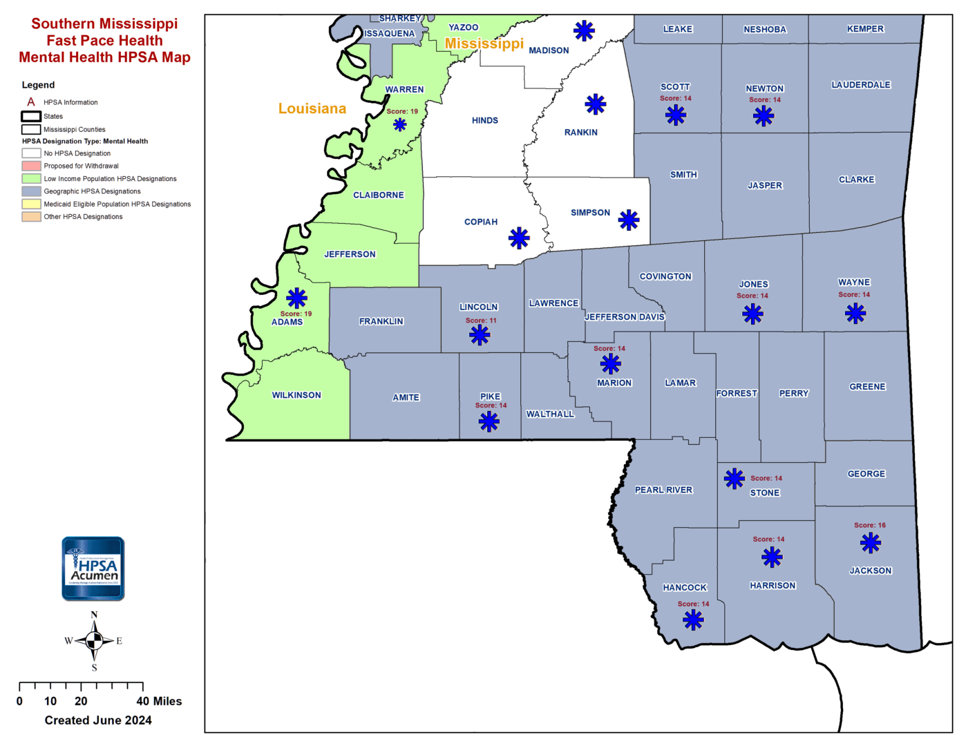 MS - Fast Pace Health Southern Mississippi MH HPSA Map