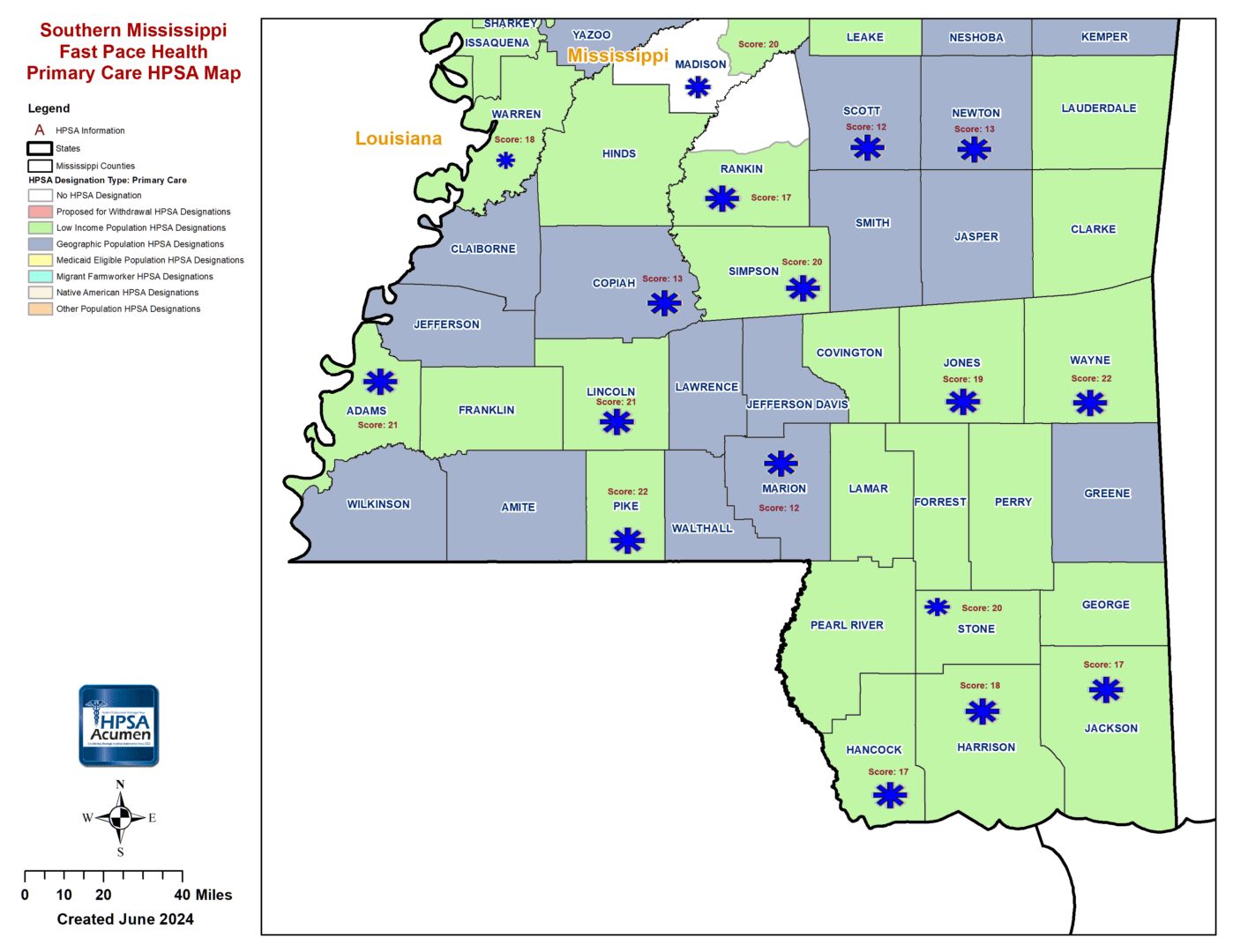 MS - Fast Pace Health Southern Mississippi PC HPSA Map