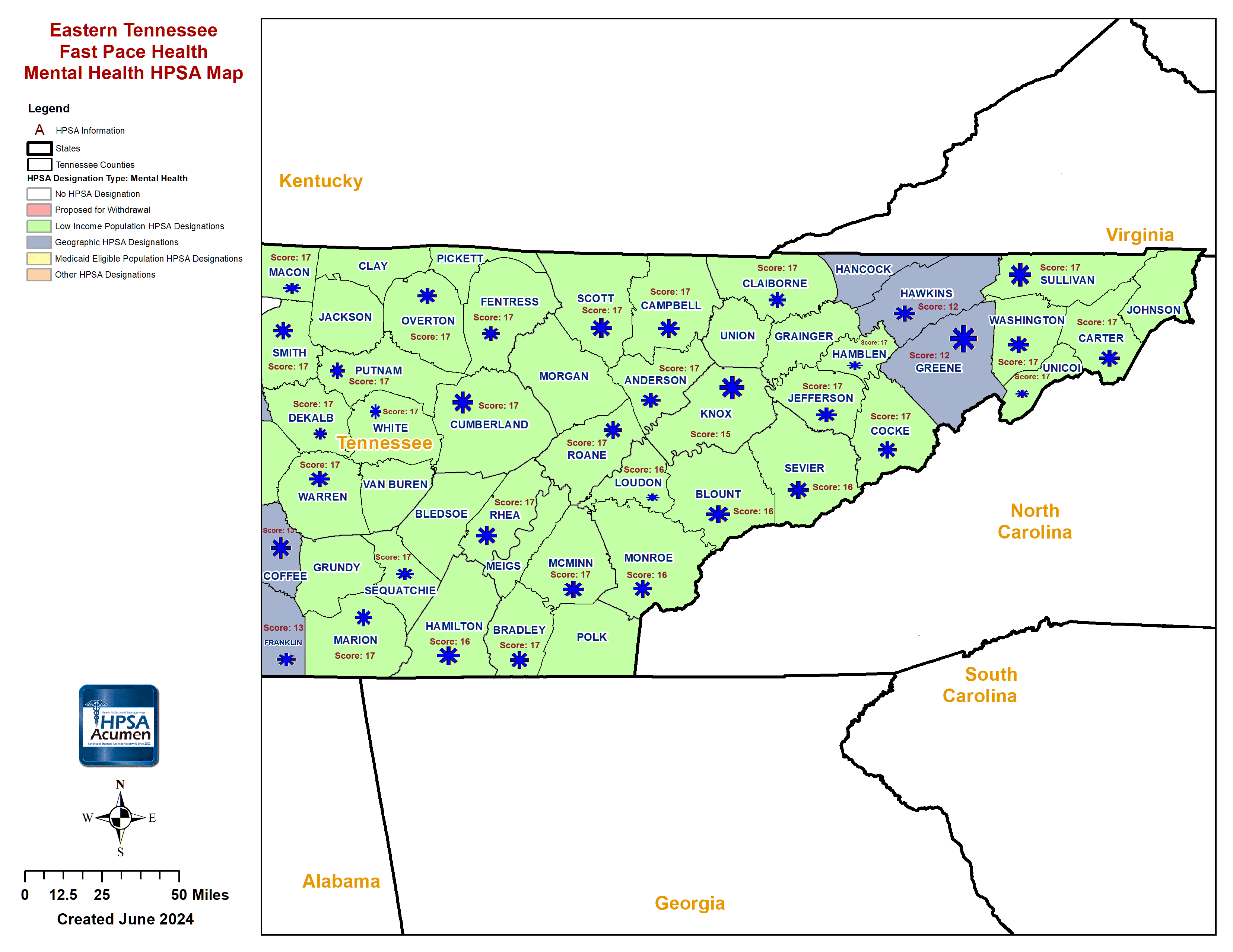 TN - Fast Pace Health Eastern Tennessee MH HPSA Map