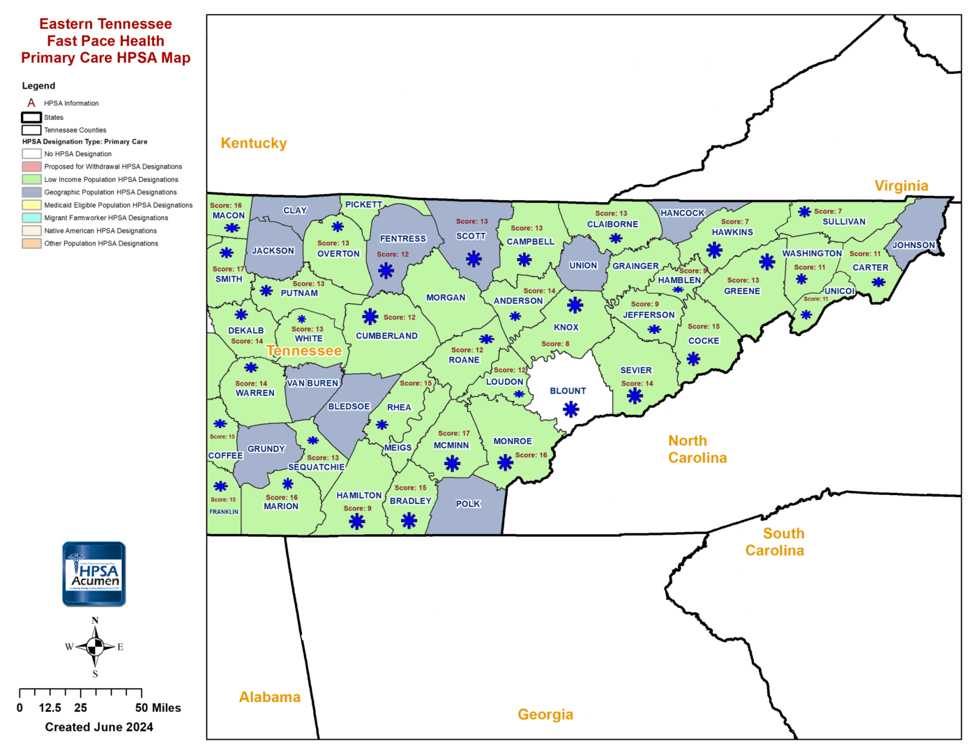 TN - Fast Pace Health Eastern Tennessee PC HPSA Map