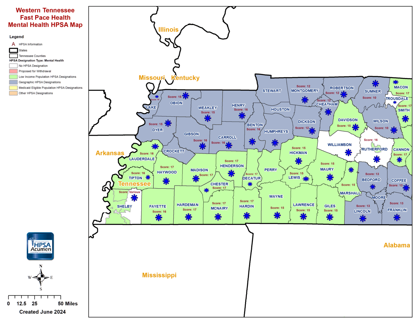 TN - Fast Pace Health Western Tennessee MH HPSA Map