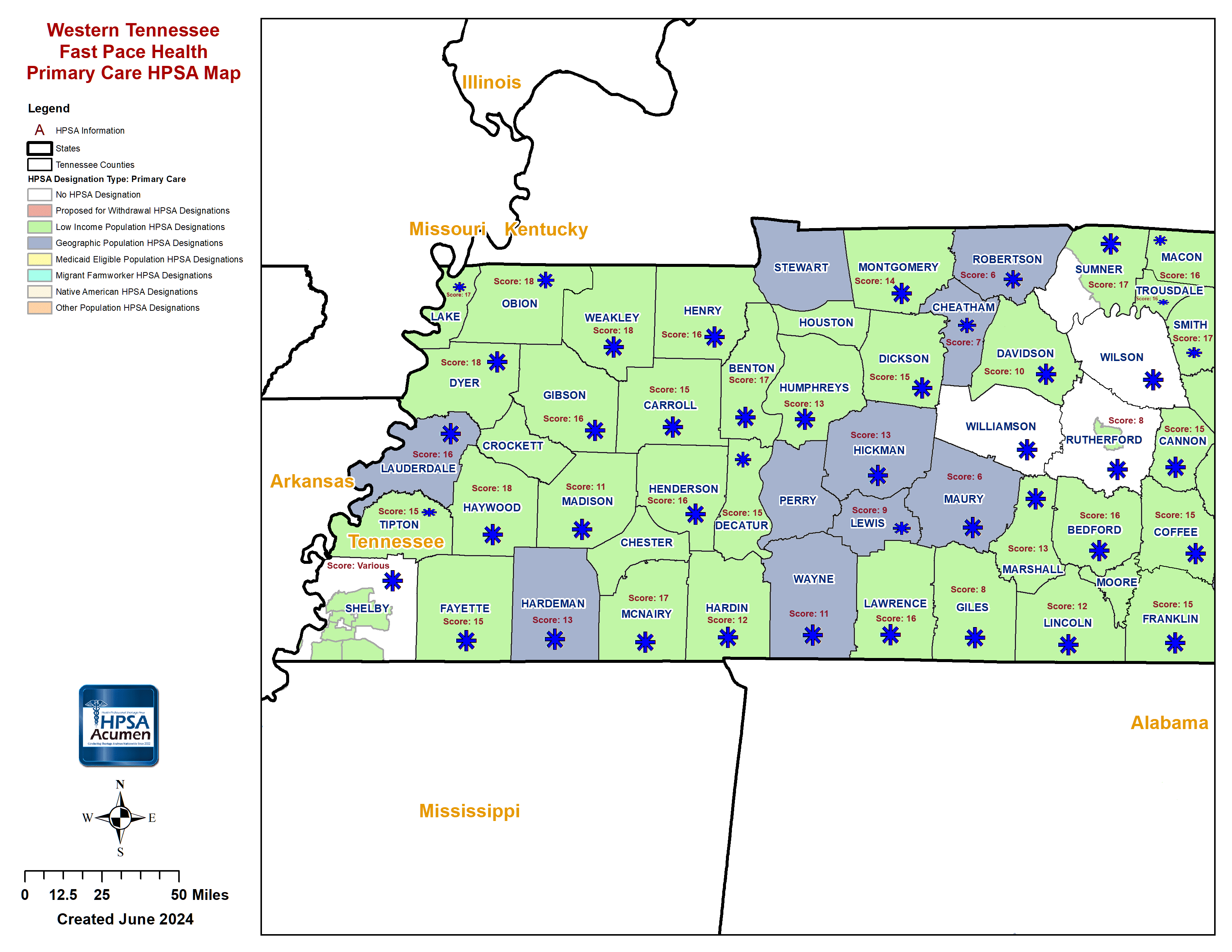 TN - Fast Pace Health Western Tennessee PC HPSA Map