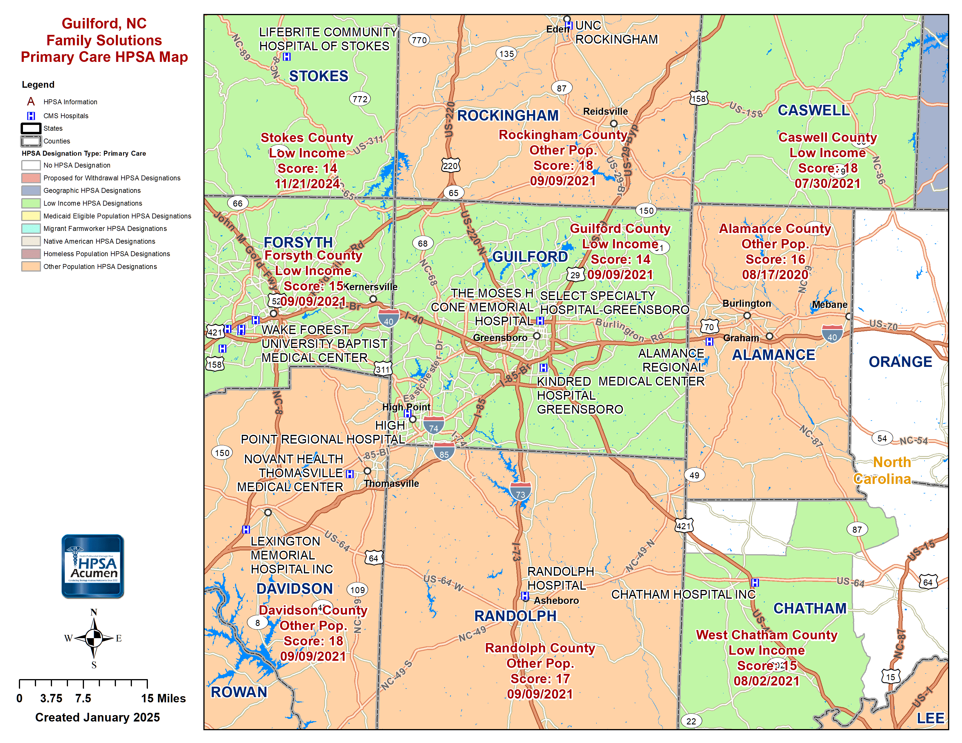 Guilford, NC PC HPSA Map