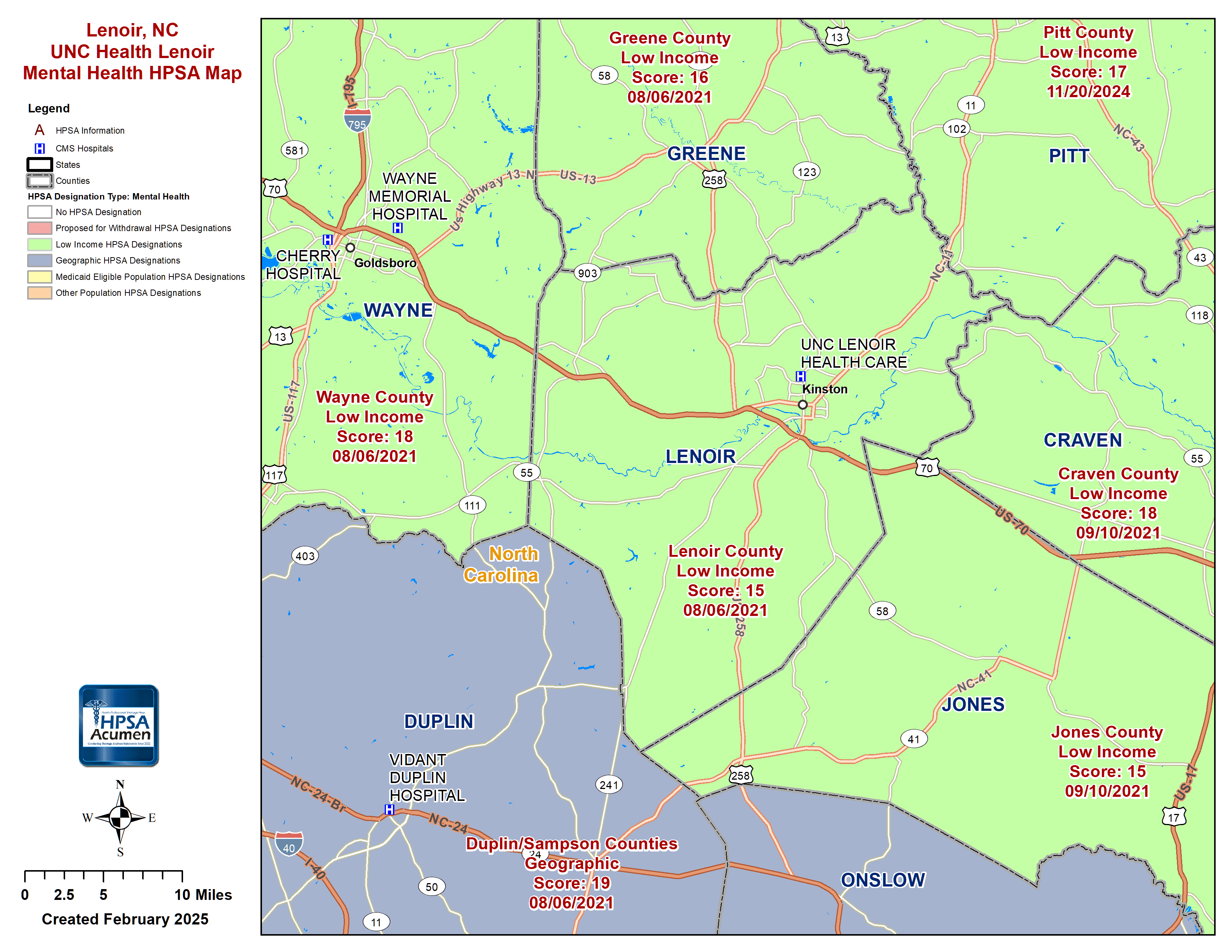 Lenoir, NC MH HPSA Map