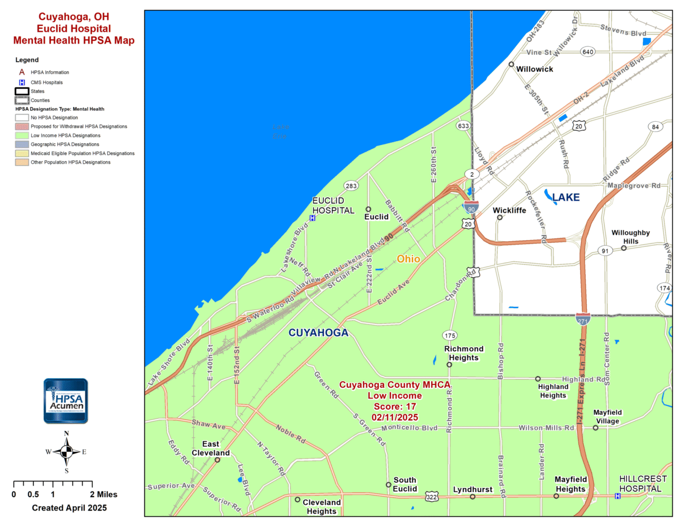 Cuyahoga, OH Euclid MH HPSA Map