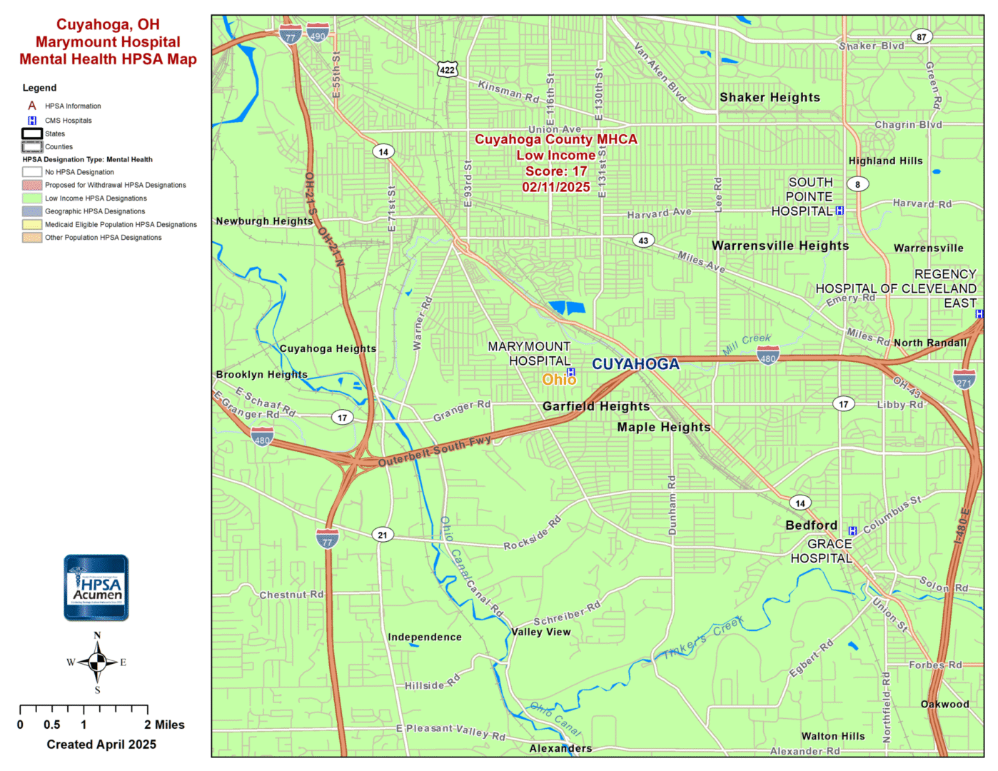 Cuyahoga, OH Garfield Heights MH HPSA Map