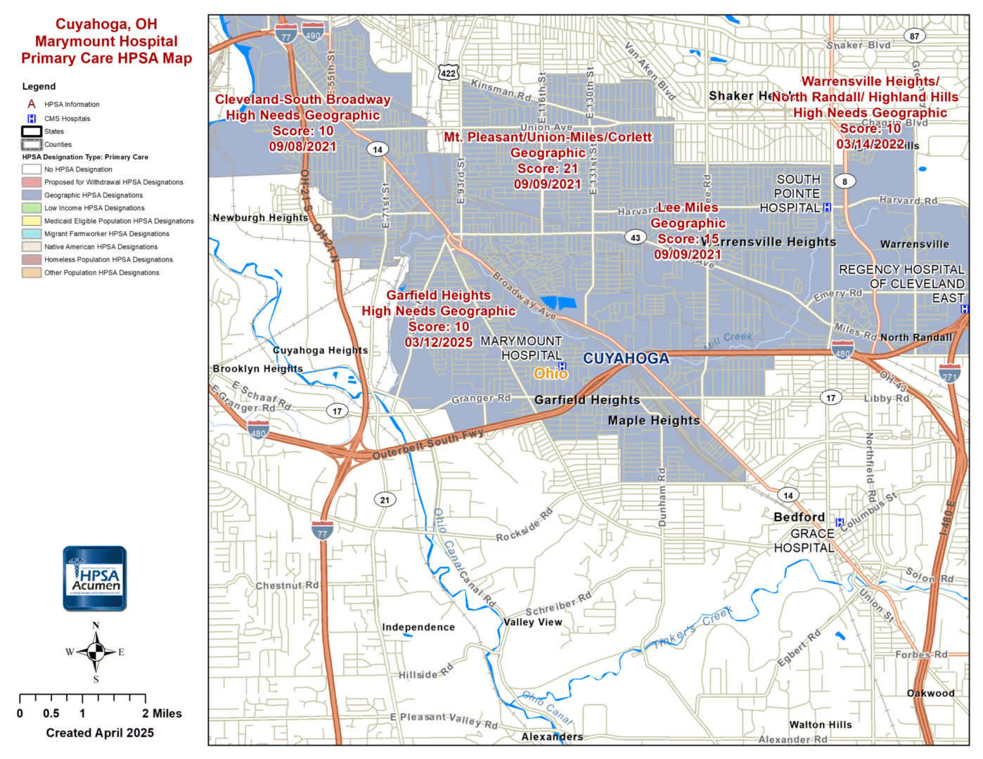 Cuyahoga, OH Garfield Heights PC HPSA Map