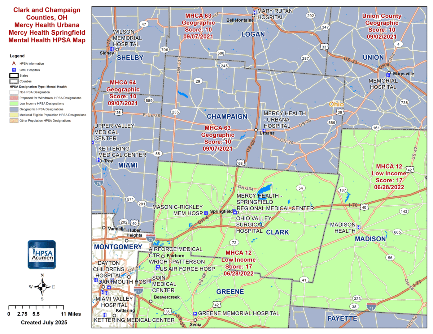 Clark and Champaign, OH MH HPSA Map