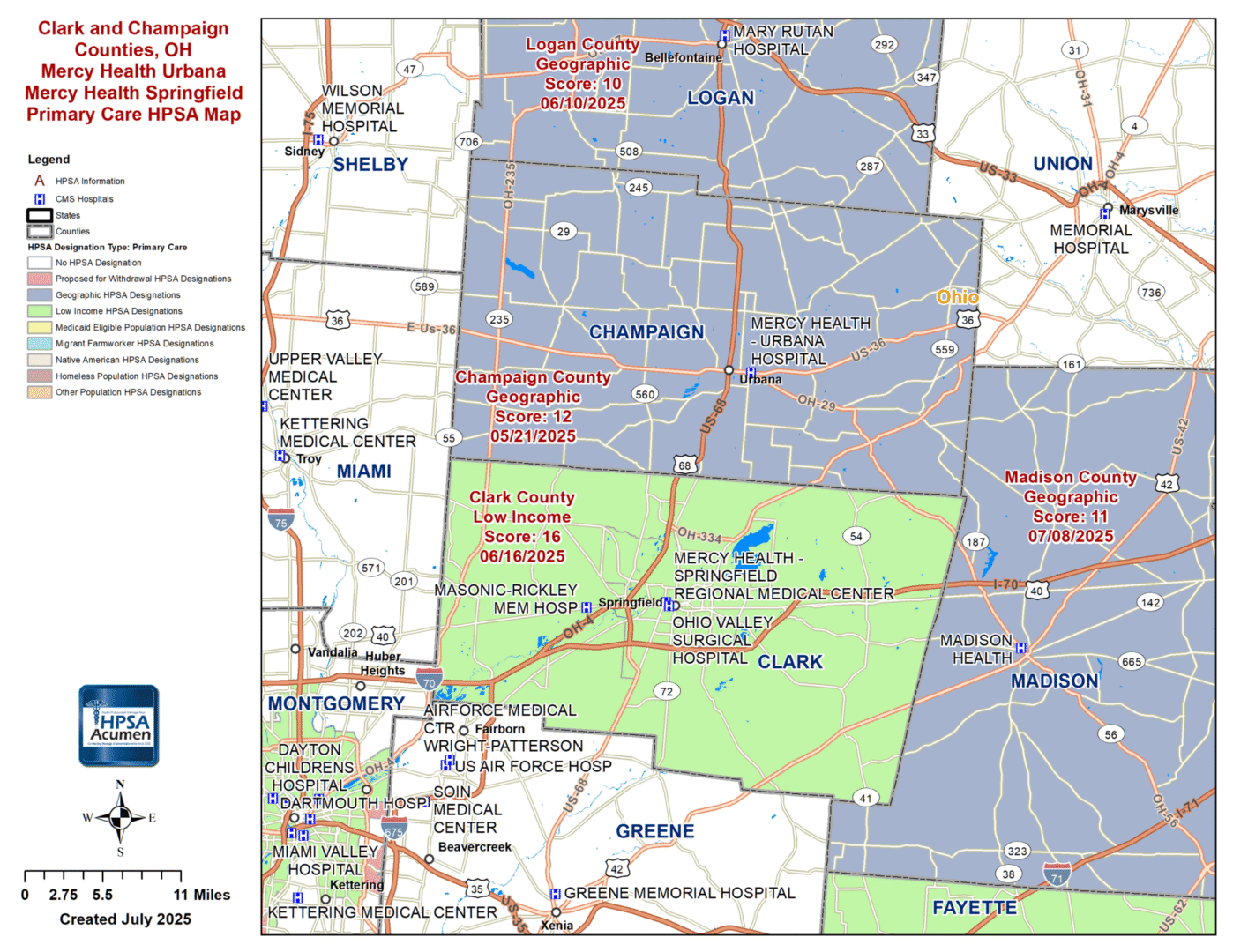 Clark and Champaign, OH PC HPSA Map