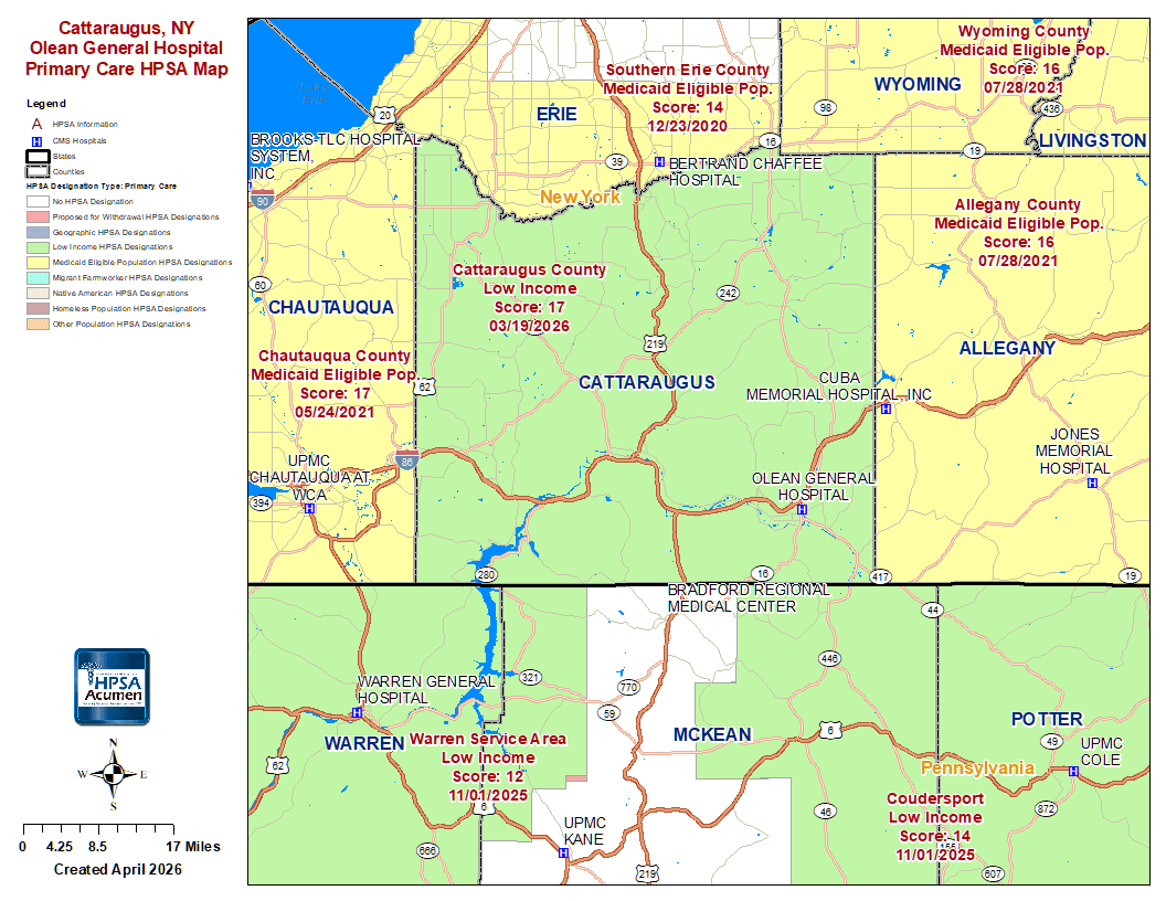 Cattaraugus, NY PC HPSA Map