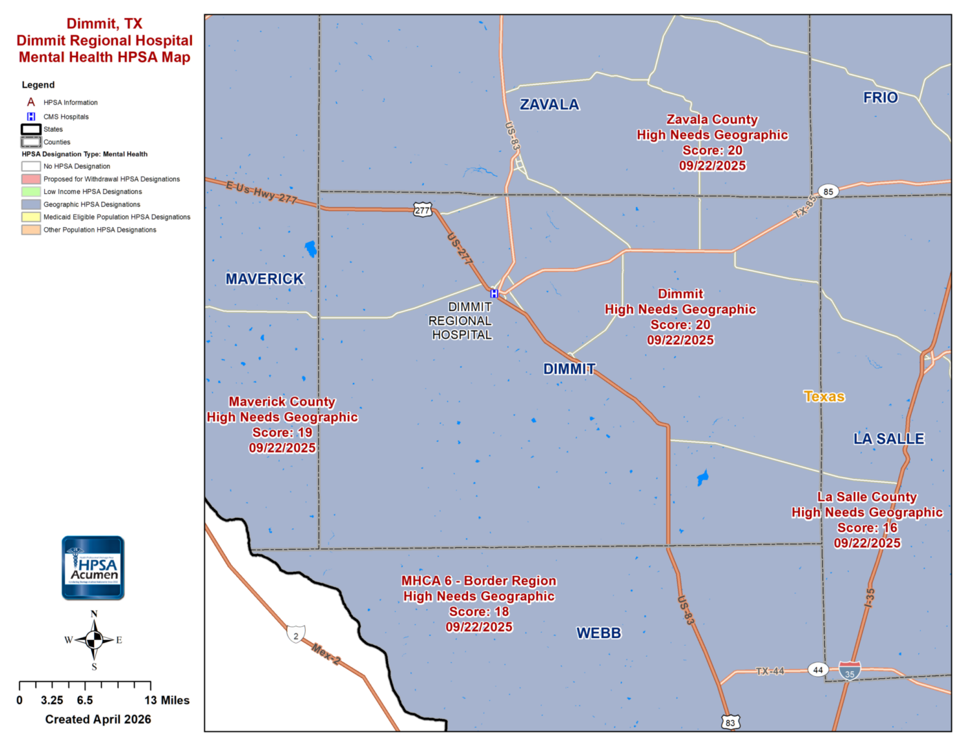 Dimmit, TX MH HPSA Map