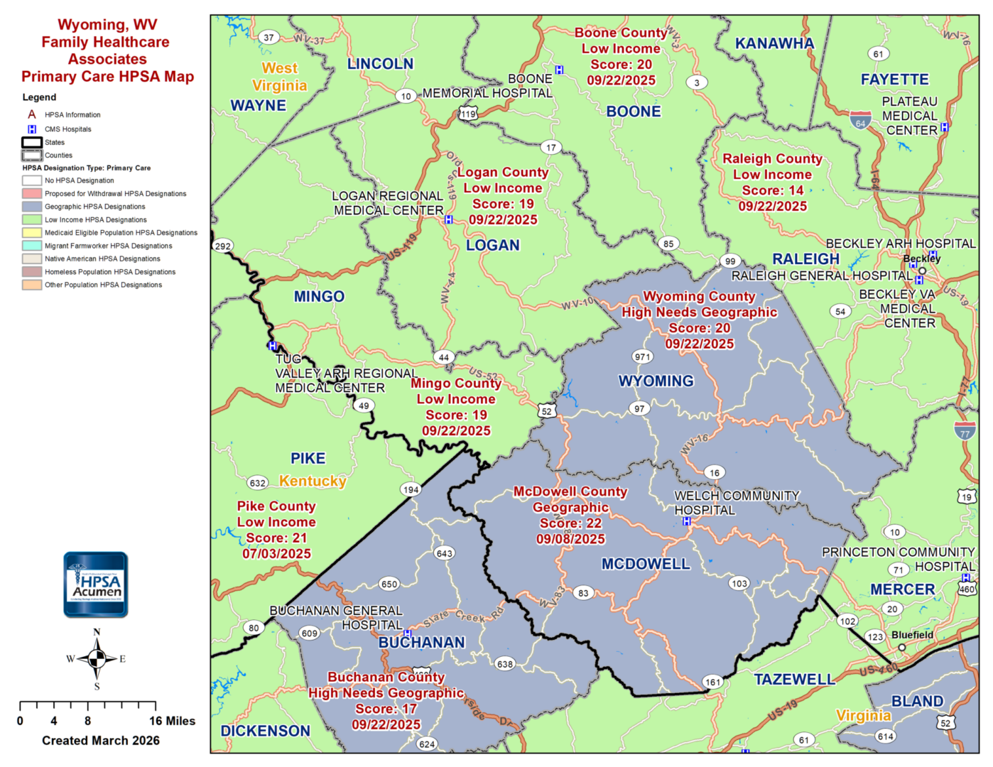 Wyoming, WV PC HPSA Map